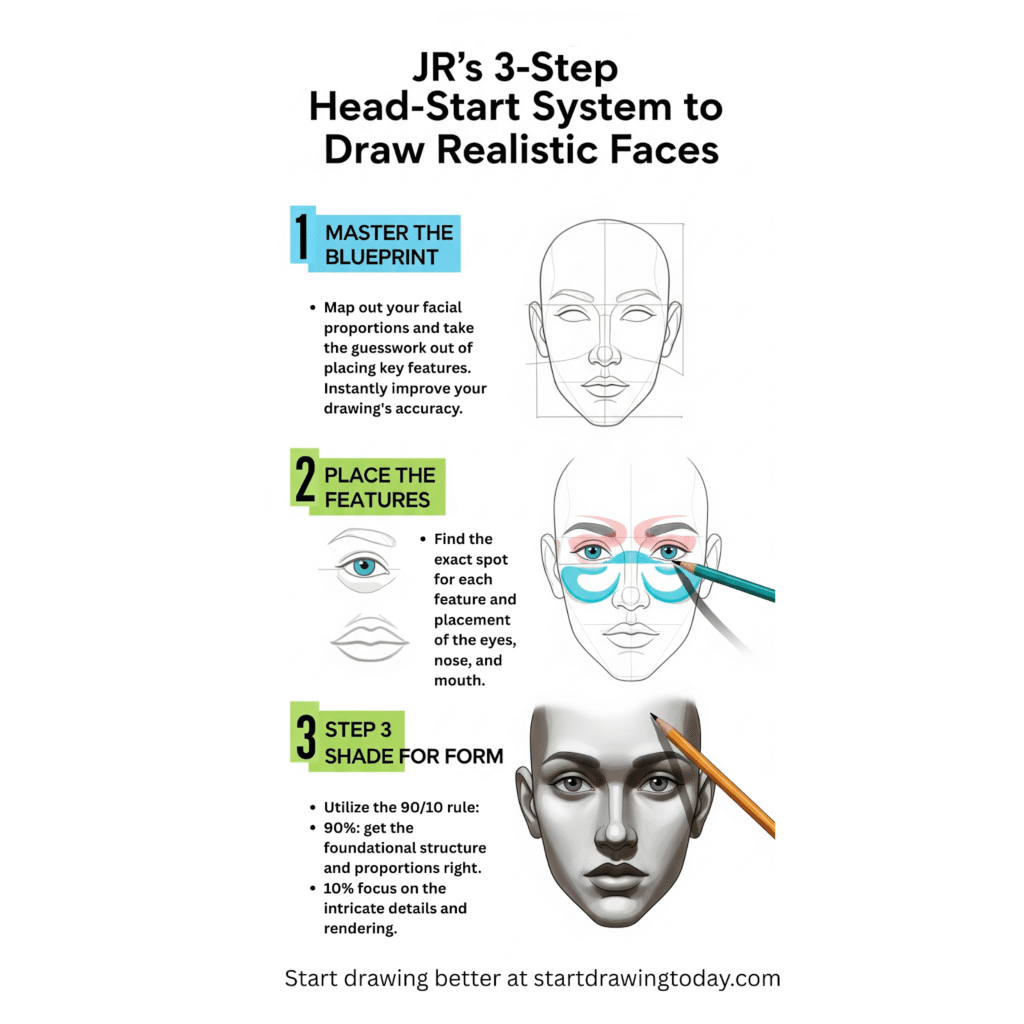 how to draw faces, 3-step system