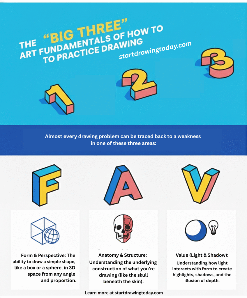 how to practice drawing, the big three art fundamentals