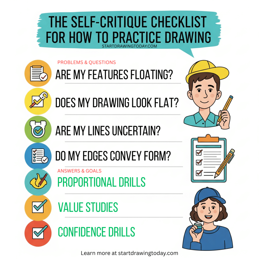 how to practice drawing, self-critique
